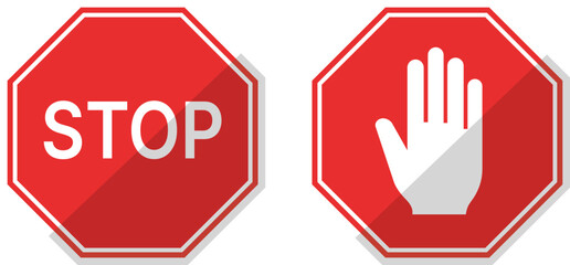 Two red octagonal stop signs one with white text STOP and the other with a white open hand symbol