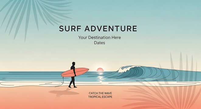 Silhouette surfer on beach with surfboard at sunset design illustration