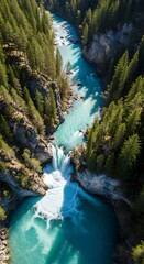 Aerial perspective captures a vibrant turquoise river flowing through a dense evergreen forest canyon
