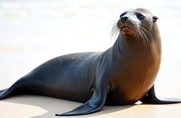 Obraz premium Sea lion rests on sandy beach near ocean waves. Adult mammal with dark fur poses calmly. Wildlife creature in natural habitat, eye-level view.