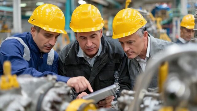 Collaborative Precision in Engineering: A trio of seasoned engineers meticulously examine technical schematics, their faces etched with focus and determination amidst the industrial setting.