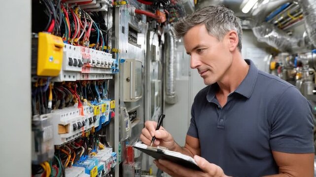 Maintenance and Precision: An electrician diligently inspects a complex electrical panel, showcasing meticulous attention to detail and expertise in the field. 
