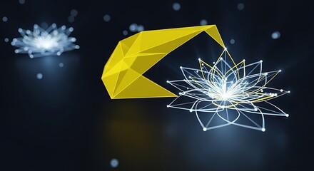 Glowing geometric lotus structure interacts with a polygonal yellow shape in dark digital space