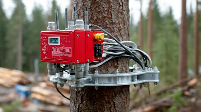 Monitoring Device on a Tree: A detailed view of a sophisticated monitoring device attached to a tree, suggesting environmental data collection and analysis within a natural forest setting. 
