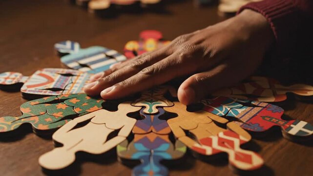 A person's hand fitting a piece of a wooden puzzle made of human-like shapes