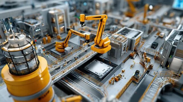 Automated Manufacturing Process: A detailed view of a modern factory, showcasing the intricate system of robotic arms at work, producing efficiency in a modern world.