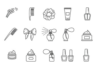 Black and white outline icons representing beauty and cosmetic products arranged in a grid