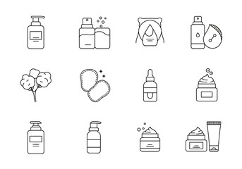 Black line art icons depicting various skincare and beauty products in a grid