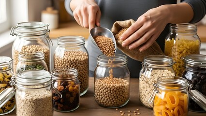 Hands Organizing Bulk Food in Glass Jars