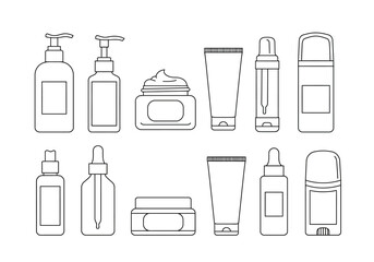 Black line drawings of ten different cosmetic and personal care product containers