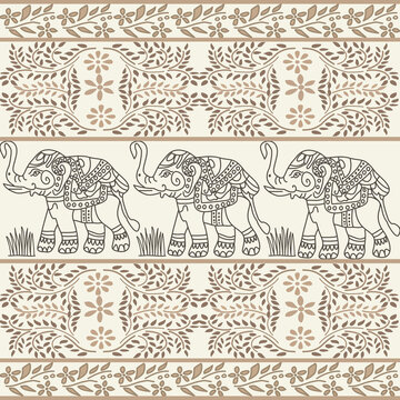 Seamless Indian Elephant Decorative Pattern in Earth Tone Style