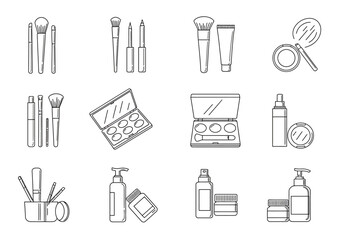 Black outline icons of various makeup and skincare products arranged in a grid