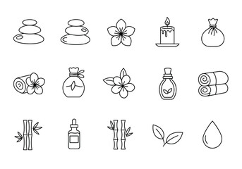 Collection of 15 black outline icons related to spa and wellness