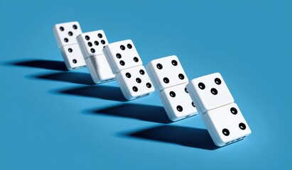 White dominoes in a diagonal row on a vibrant blue background