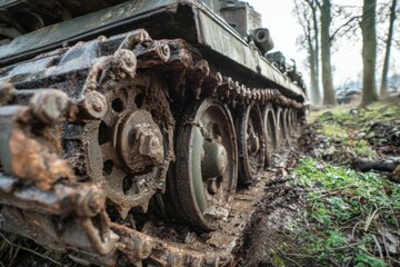 Close-up of a rusty tank's tracks