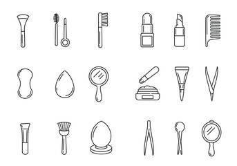 Collection of black outline icons depicting various beauty and personal care tools