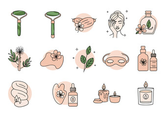 Collection of 15 lineart skincare wellness and spa icons on white