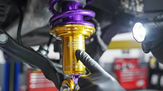 Mechanic Inspecting Performance Coilover Shock Absorber on a Car Lift - Automotive Customization and Maintenance.