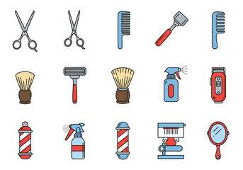 Grid of 15 flatstyle icons depicting various barber and grooming tools