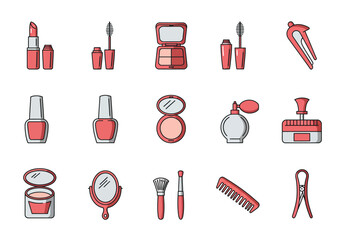 Flat icon set of pink and white cosmetic and beauty tools