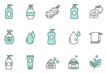 Icons for bath and skincare products including dispensers soap sponge towel and leaf motifs