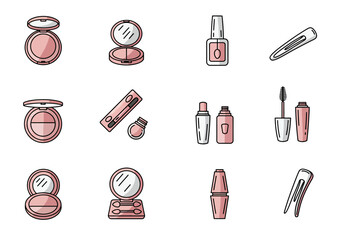 Grid of twelve pink and white cosmetic icons including compacts polish and mascara