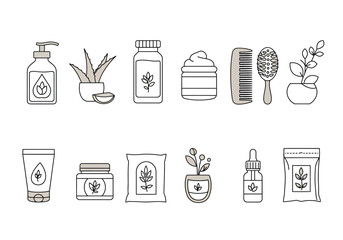 Line art icons depicting natural beauty and haircare products with plant elements