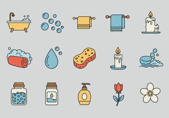 Row of 15 bathroom and sparelated icons on a gray background
