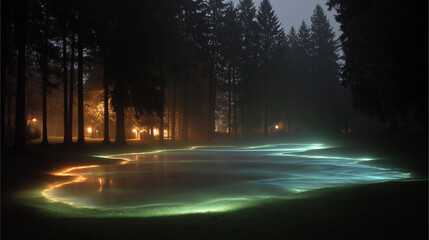 Glowing water winding through dark forest with night lamps, perfect for mystical, enchanted, fantasy, nature themed design projects.