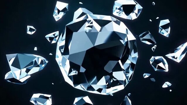 Floating broken diamond crystal fragments with realistic refraction and shiny facets on a dark background.