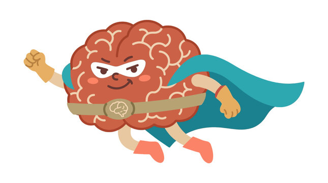 A cartoon brain character flying like a superhero with a mask, cape, and belt, symbolizing intelligence and power.