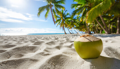 Fresh Young Coconut with Straw  on a Pristine Tropical White Sand Beach.