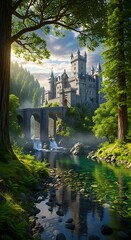 Majestic stone fortress overlooks a clear river flowing beneath an arched bridge in a vibrant forest setting