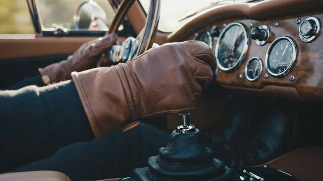 Luxury Leather Gloved Hand Shifting Manual Transmission in Classic Sports Car Interior - High-End Driving Experience.