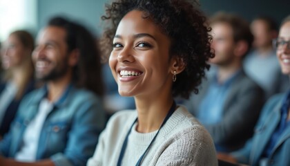 Young woman smiles brightly at indoor conference event. Diverse audience listens attentively in soft focus background. She seems engaged and happy during presentation. Pro setting.