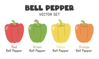 Multicolor Bell Peppers Flat Cartoon Vector Illustration Isolated on White Background. Red, Green, Yellow, and Orange Bell Pepper Vector set