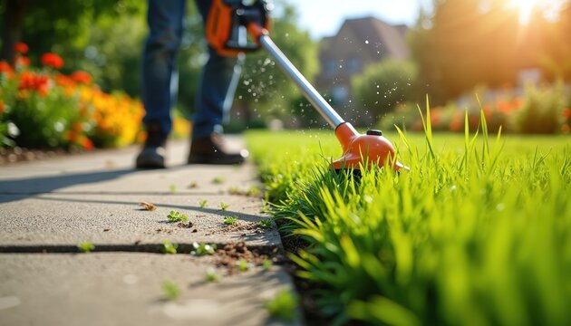 Man trims lawn edge with string trimmer near garden flowers and sidewalk. Person does yard work using garden equipment for neat landscape. Sunny day, homeowner maintains house exterior.