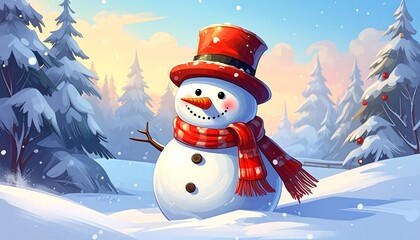 Obraz premium Whimsical illustration of a cheerful snowman wearing a red top hat and scarf, smiling in a snowy winter wonderland