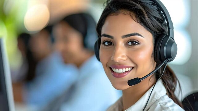 A smiling woman with headset in a call center, another person blurred behind her