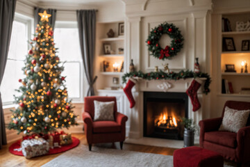 The cozy living room's defocused backdrop, complete with a Christmas tree and warm fireplace, is decorated for holiday celebrations and gatherings