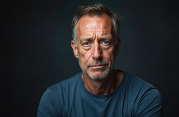 Obraz premium Mature man with grey hair and beard wears blue t-shirt. He looks directly at camera with serious expression. Close-up studio portrait against dark blurry background. He appears thoughtful and strong.