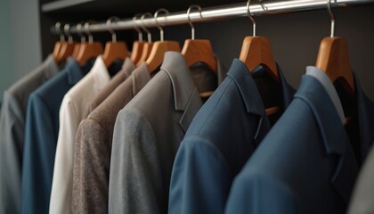 Collection of mens blazers and suits hanging on clothes rack. Wardrobe interior with neat formal wear. Apparel organised in closet for clean storage.