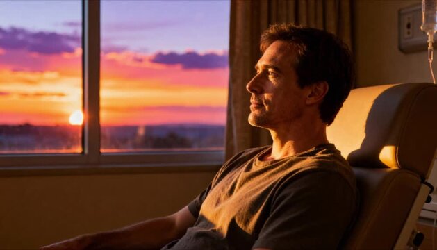 man sitting in chemotherapy chair looking at sunset window with calm and peaceful expression perfect for health and world cancer day