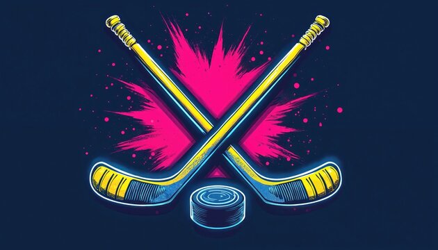 Two hockey sticks are crossed with a puck in front. A bright pink splash behind them suggests action. This graphic represents competition and the sport of hockey.