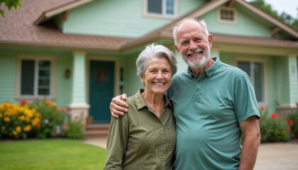 Happy senior couple stands arms around each other in front of their green house. Smiling elderly man and woman pose together by suburban home. Mature married pair embraces outdoors.