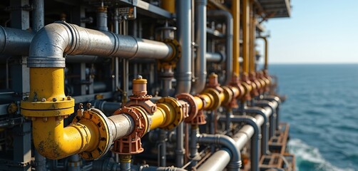 Fototapeta premium Offshore oil and gas FPSO platform with complex pipes and valves. Industrial infrastructure processes fuel. Blue sea and sky visible. Heavy machinery operates at sea.