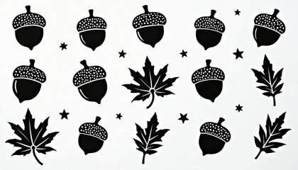 Monochrome pattern of acorns leaves and stars on white background. Simple graphic organic shapes create a rustic autumn theme perfect for seasonal design elements.