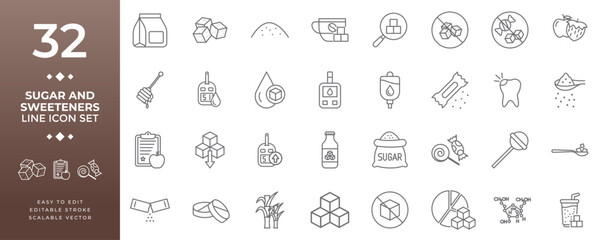 Plakat Sugar and sweeteners line icon set including vector symbols such as sugar cubes, honey, glucose meters, saccharin, candy, and healthy diet icons for medical and food projects