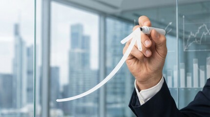 Finance freedom businessman concept. Business professional drawing graphs in a modern office setting.