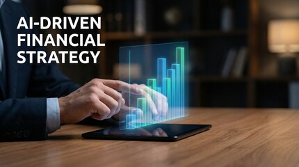 Finance freedom businessman concept. AI financial strategy on tablet with digital graphs and data visualization.